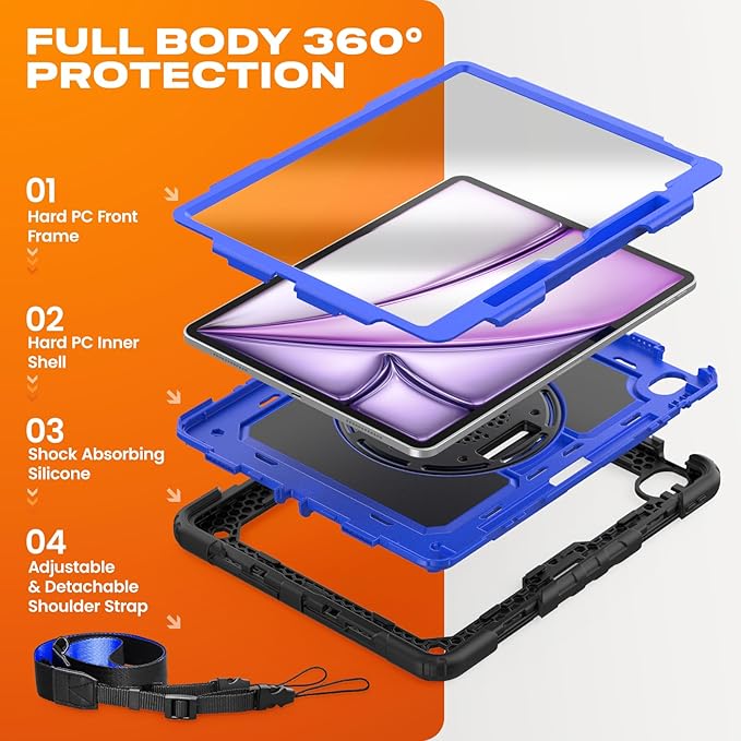 SEYMAC stock Case for iPad Air 13-inch M4-M2 2026-2024 (Gen 8-6), Shockproof Heavy Duty Case with Screen Protector, Pencil Holder, Rotating Stand, Hand Strap, Shoulder Strap, Blue
