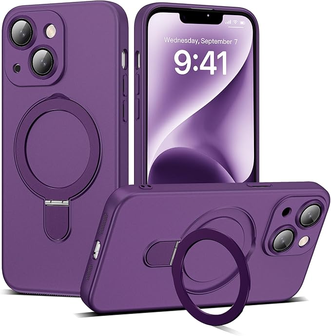 Compatible with iPhone 14 Case with Magnetic Ring Stand [Compatible with Mag-Safe] [Full Camera Lens Protector] Soft Plating Phone Case for iPhone 14 6.1", Solid Purple