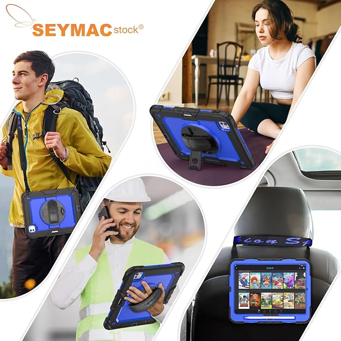 SEYMAC stock Case for iPad Pro 11-inch M5-M4 2025-2024, Shockproof Heavy Duty Case with Screen Protector, Pencil Holder, Rotating Stand, Hand Strap, Shoulder Strap, Blue