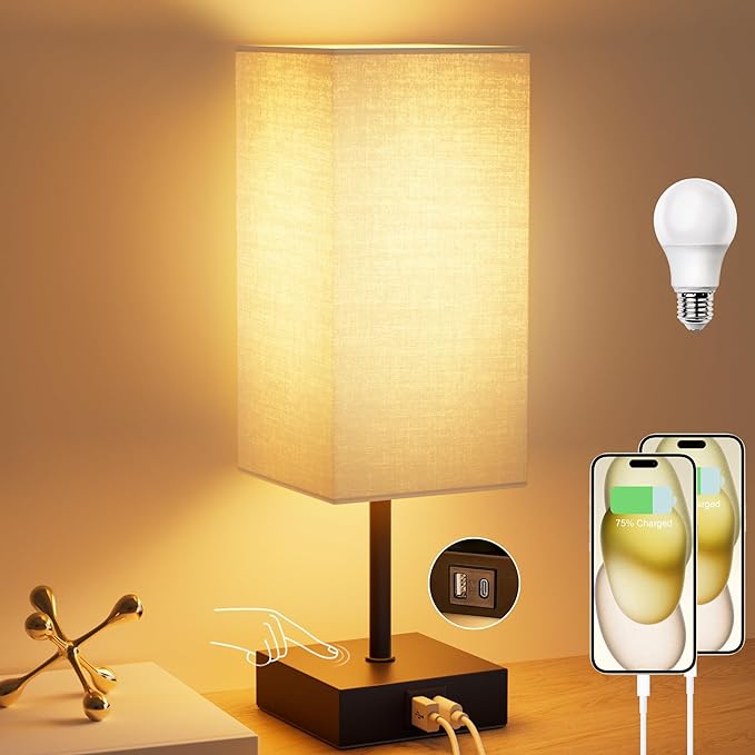 Bedside Lamps, Table Lamp with USB C+A Charging Ports, 3 Way Dimmable Touch Control, Small Nightstand Lamps for Bedroom, Home Decor, Living Room, LED Bulbs Included, Upgraded Beige