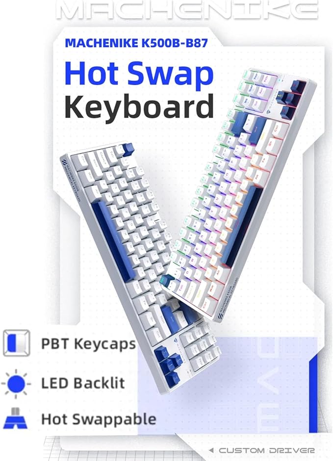 Machenike K500B-B87 75% TKL Mechanical Wired Gaming Keyboard, 87 Keys Compact Hot Swappable Linear Red Switch with Number Pad, Dynamic RGB Backlit, Anti-Ghosting, Double-Shot PBT Keycaps, White/Blue