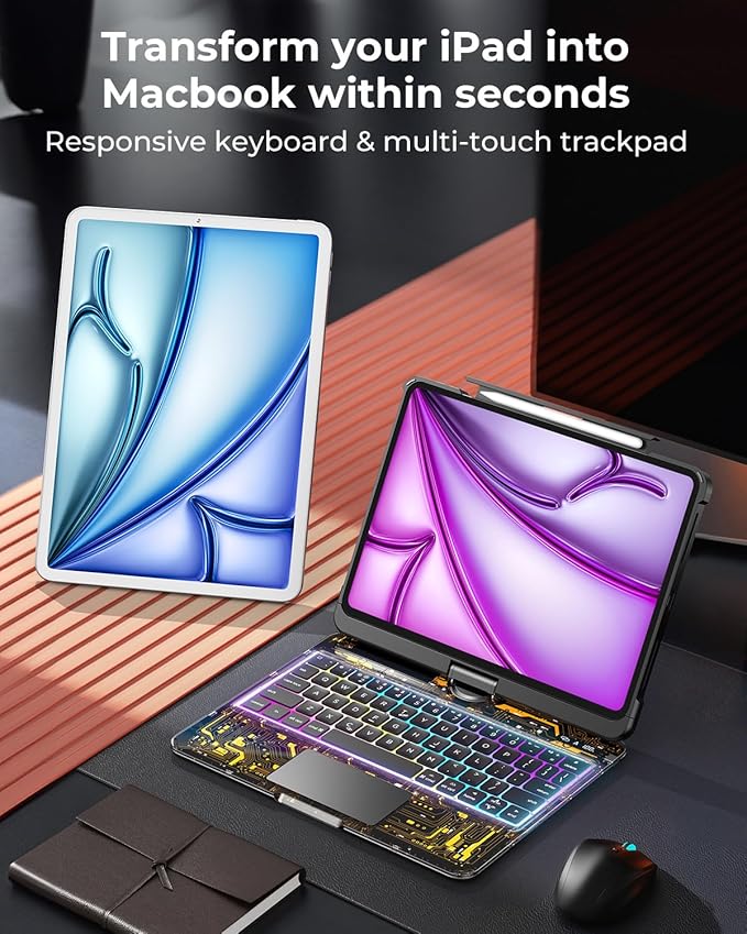 TSQQST Clear Keyboard Case for iPad Air 11 Inch (M4/M3/M2, 2026/2025/2024)/ iPad Air 5th/4th Generation 10.9" / iPad Pro 11" 1st/2nd/3rd/4th, Trackpad, Pencil Holder, 7-Color Backlit, Rotatable, Black