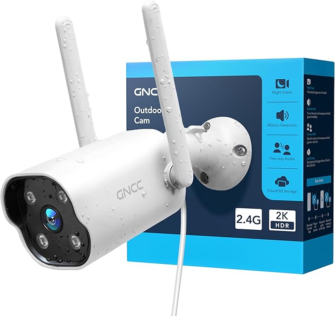 GNCC Outdoor Security Camera Wireless, 2K Cameras for Home Security, Color Night Vision, Motion Detection, 2-Way Audio, Cloud Storage Subscription Required, IP65 Waterproof, Only 2.4GHz (White-1P)