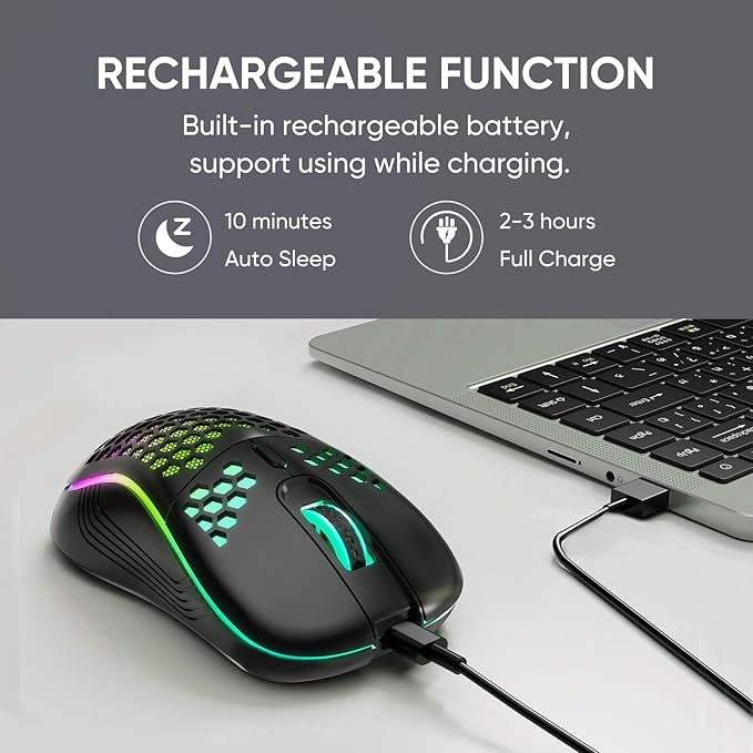 MELOGAGA Wireless Gaming Mouse Honeycomb 2.4G USB Cordless Mouse RGB Rechargeable PC Game Mice with 7-Color LED Lights，4 Adjustable DPI for Windows Laptop Desktop Computers (Black)