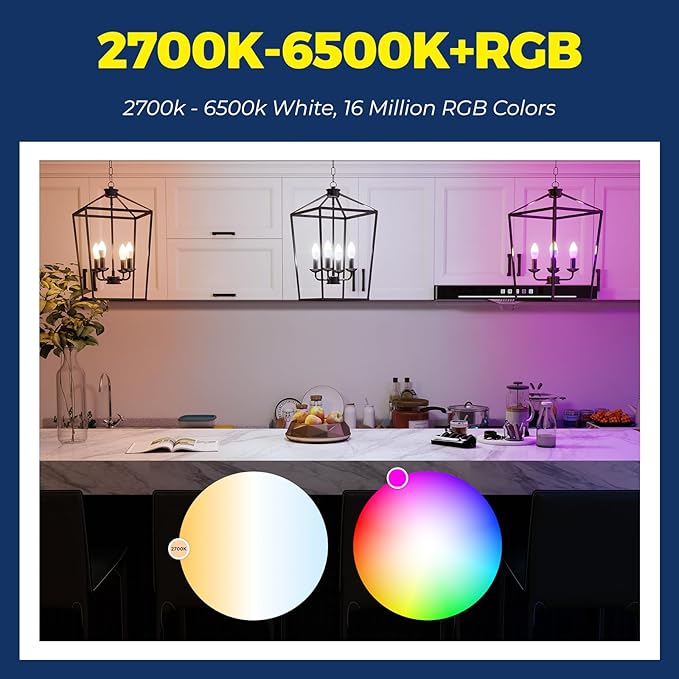 Lightinginside E12 Smart Light Bulbs 60W Equiv., Work with Alexa/Google Home/SmartLife, 500LM 6W RGBCW Candle Candelabra LED Light Bulbs, No Hub Required, 2.4G WiFi Bluetooth Bulb, ETL Listed, 2PCS