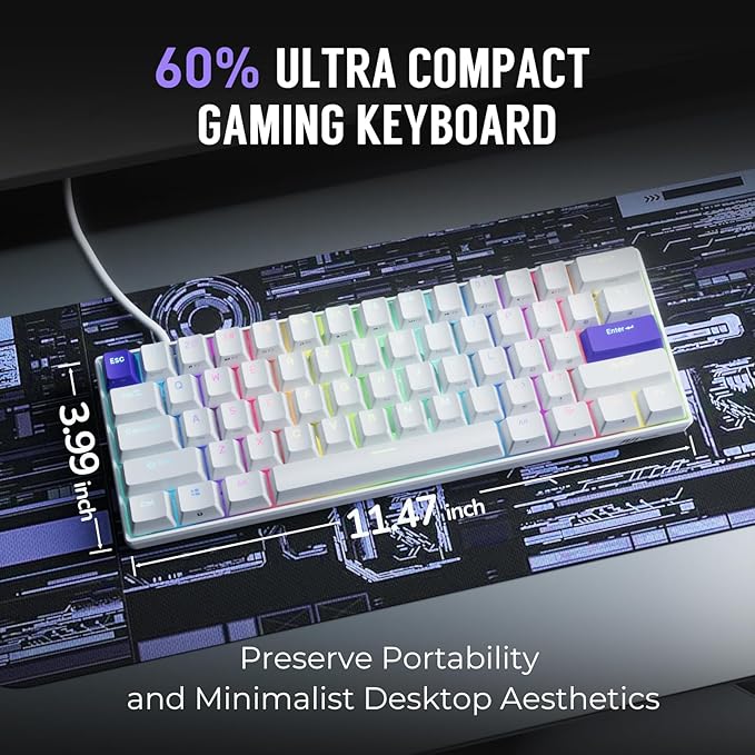 RK ROYAL KLUDGE C61 HE Gaming Keyboard 60% Wired Mechanical Keyboard with Hall Effect Magnetic Switch 8000Hz Polling Rate Rapid Trigger RGB Backlit, 61 Keys, White Purple