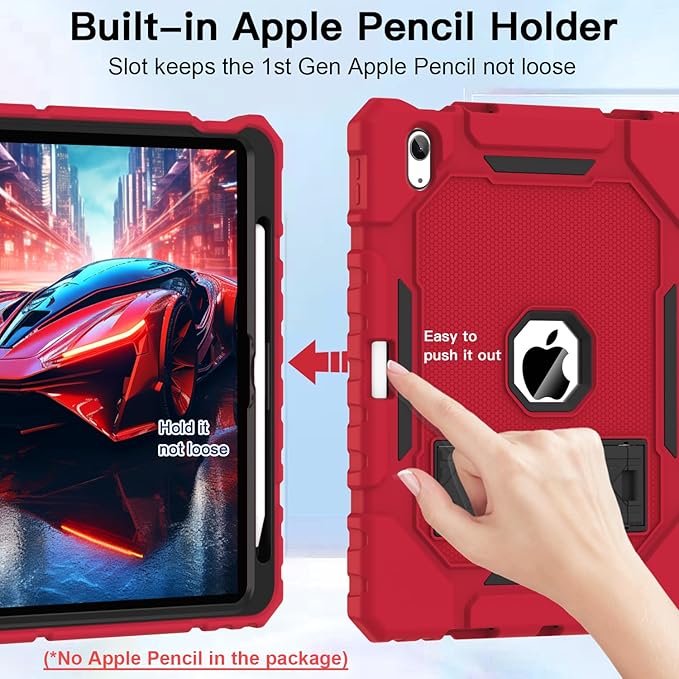 ZoneFoker Case for iPad (A16) 11th/10th Generation 11/10.9 inch 2025/2022, Heavy Duty Military Grade Shockproof Rugged Cover with Pencil Holder/Stand for i Pad 11th / 10 th Gen (Red+Black)