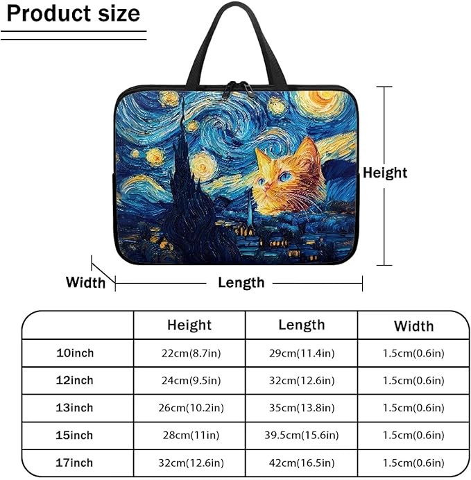 15 Inch Starry Night Cat Laptop Sleeve Tablet Protector Case with Handle, Men Women Zipper Computer Bag Carrying Case Notebook Cover Messenger Briefcase for Travel/Office/Work