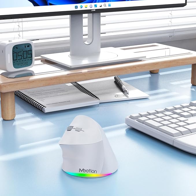 MEETION Left-Handed Ergonomic Wireless Vertical Mouse with RGB, Bluetooth (5.2 + 3.0) & 2.4G USB-A with Type-C Adapter, 4 Adjustable DPI for Mac/Windows/PC/Tablet/iPad, Gray