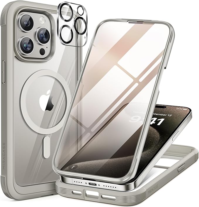 Miracase Magnetic for iPhone 15 Pro Max Case 6.7'' [Compatible with Magsafe] Full-Body Drop Proof Phone Case for iPhone 15 Pro Max with Built-in 9H Tempered Glass Screen Protector,Grey Titanium