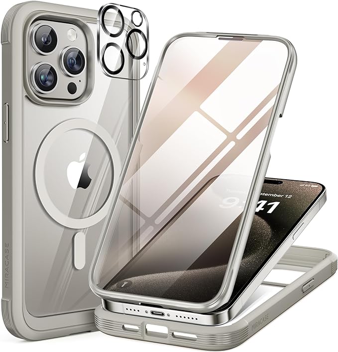 Miracase Magnetic for iPhone 15 Pro Case [Compatible with MagSafe] Full-Body Phone case with Built-in Glass Screen Protector& Camera Protector, Military Drop Proof 15 Pro Cover,Titan