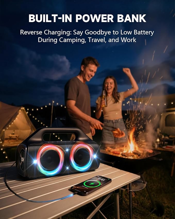 IPX67 Waterproof Bluetooth Speaker:80W(Peak) Loud Outdoor Portable Wireless Party Speakers with LED Lights,20H Playtime,Bluetooth 5.3,Deep Bass & TWS for Pool,Beach