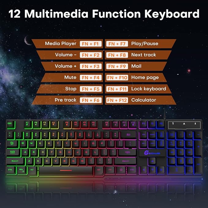 GEODMAER 104 Keys Gaming Keyboard, Full Size LED Backlit Wired Keyboard with Multimedia Keys, Anti-Ghosting, Spill-Resistant Membrane Gaming Keyboard for PC Laptop