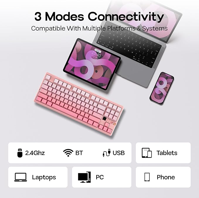 MechLands Aula F87 PRO V2 Wireless Gaming Keyboard with 10000mAh Battery, 8K Polling, SOCD/MT/TGL, BT/2.4GHz/Wired, Hot Swap TKL Mechanical Keyboard with Creamy Gasket, RGB Backlit (Pink Gradient)