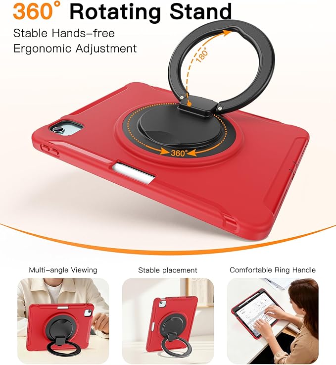 BATYUE Shockproof Case for iPad Air 11" M2/M3/M4, Air 4/5 10.9", iPad Pro 11" 1st-4th Gen 2018-2022 | 360° Multi-Angle Stand (Portrait & Landscape) & Grip, Built-in Pencil Holder, Red