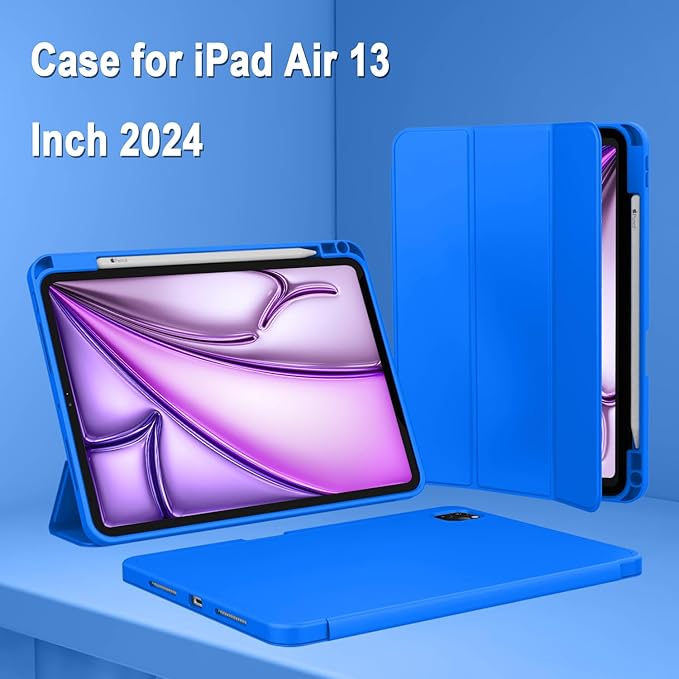 ZryXal New iPad Air 13 Inch Case M3 2025/M2 2024 with Pencil Holder, Trifold Stand Smart Case with Soft TPU Back,Auto Wake/Sleep(Medium Blue)