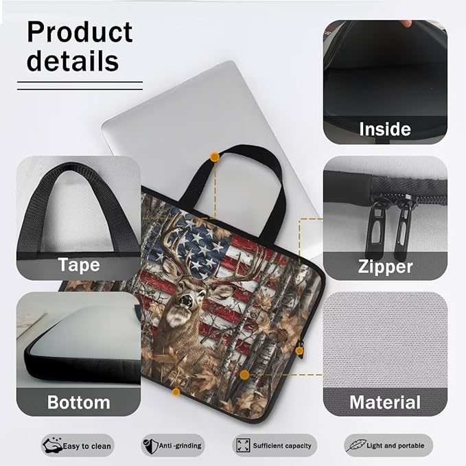 American Flag Deer Forest 13 Inch Laptop Sleeve for Men Women Portable Computer Bag with Handle Tablet Cover Laptop Tote Bag Carrying Case Handbag for Office Travel Business School