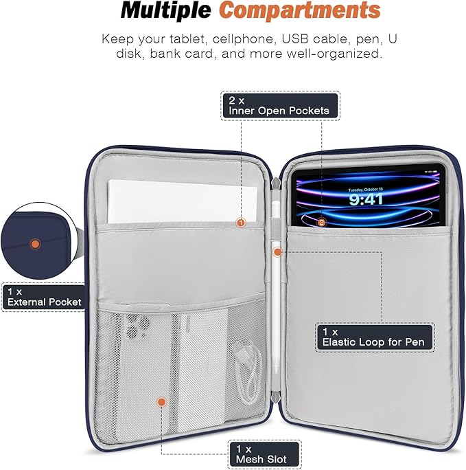 MoKo 13 Inch Tablet Sleeve Bag, Compatible with New 13 Inch iPad Pro M5 & Air M4/M3, iPad Pro 12.9 inch M2&M1, Galaxy Tab S8+/S9+ 12.4", Waterproof Bag Carrying Case with Pocket, Dark Blue