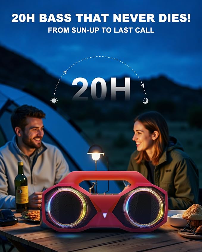 OZJ Bluetooth Speaker 80W(Peak) Loud with Bass, 20H Playtime, IPX7 Waterproof, RGB Lights, TWS, Large Portable Wireless Speakers for Outdoor, Home, Party, Pool, Beach, Tailgating, Gym, Work (Red)