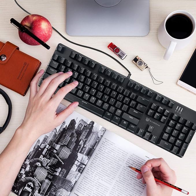 Hot Swappable Mechanical Gaming Keyboard - White Backlit with Blue Switches and 104 Keys Layout - Wired Gaming Keyboard