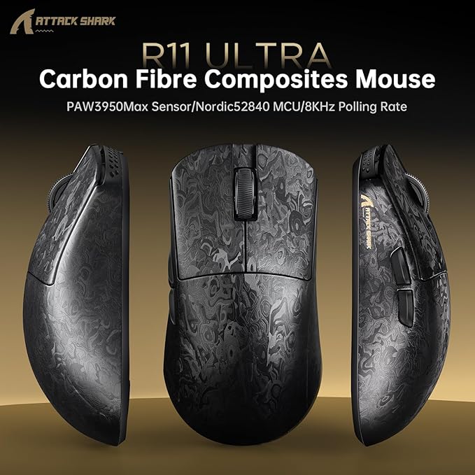ATTACK SHARK R11 Ultra 8K Carbon Fiber Wireless Gaming Mouse with 42000DPI-PAW3950 MAX Sensor-49g Lightweight,Nordic 52840 MCU Chip,Wired/BT/2.4Ghz Programmable,RGB Coiled Cable for PC(Black Ink+Tape)
