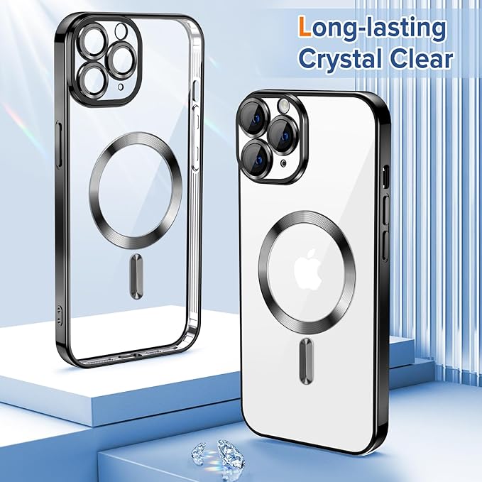 Hython Magnetic Clear for iPhone 11 Pro Case with Camera Lens Protector [Compatible with MagSafe] Luxury Plating Edge Slim Soft TPU Cover Protective Phone Case for iPhone 11 Pro 5.8", Black