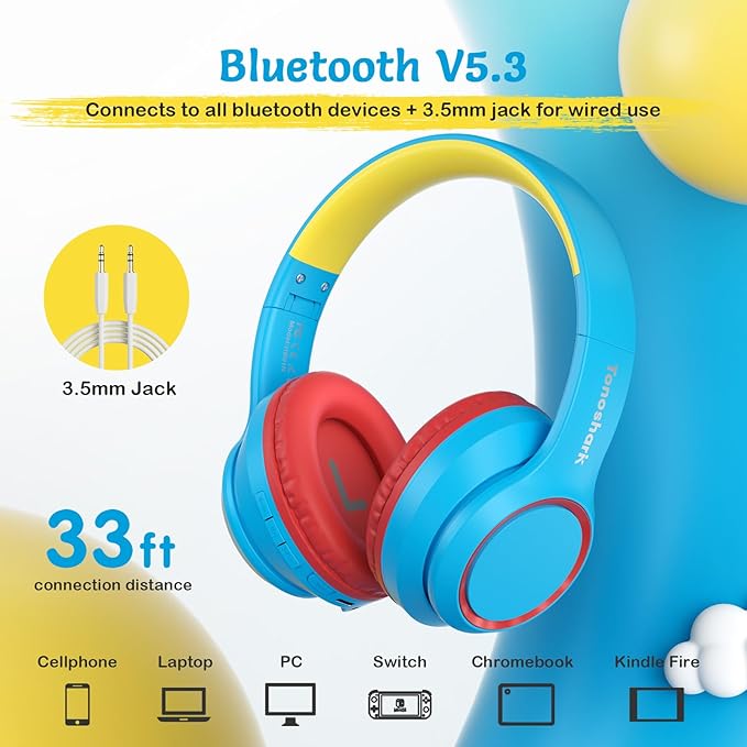 TONOSHARK Kids Bluetooth Headphones with Active Noise Cancelling, Wireless Over-Ear Headphones for Boys Girls, Foldable, Adjustable,for School Trave (Blue red)
