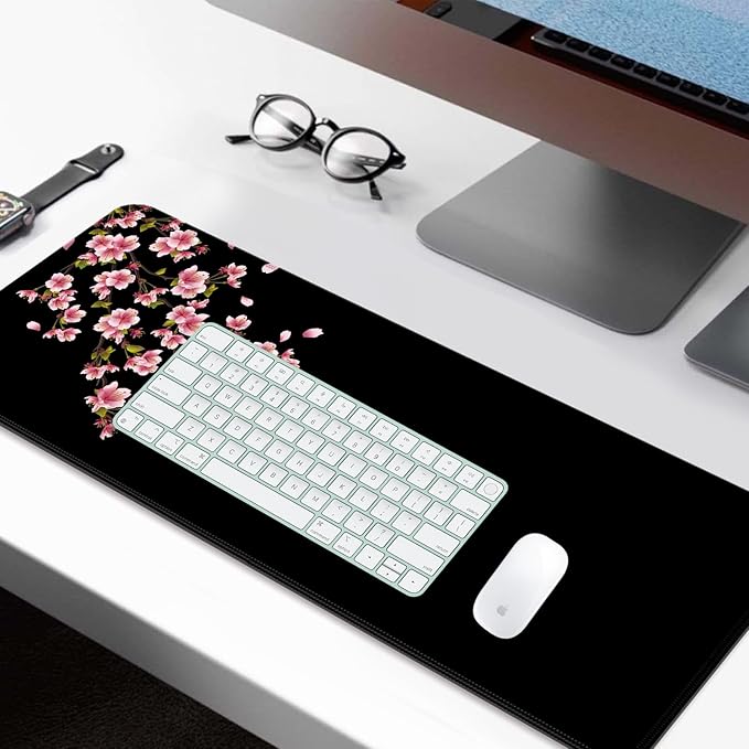 Japanese Cherry Blossom Gaming Desk Mat, Computer Keyboard Large Extended Flowers Mouse Pad for Office and Home, 31.5×11.8 Inches, XL, Black