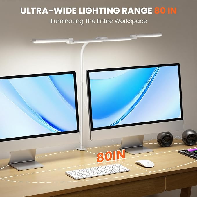 LiFMIRA LED Desk Lamp for Office Home, Adjustable 3 Head Computer Monitor Light with Clamp, Eye Caring Clip on Desk Light Stepless Dimming Architect Desk Lamp for Reading Study Workbench White