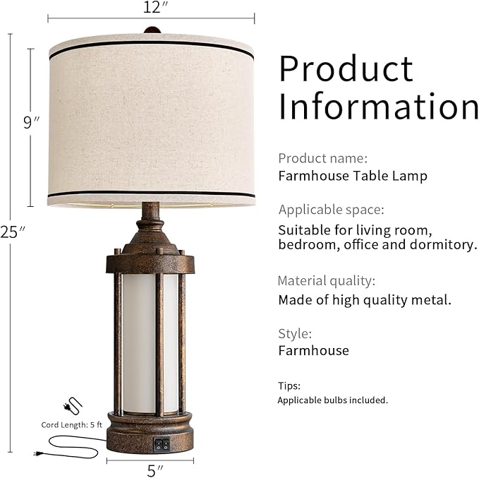 G-SAFAVA 25'' Table Lamp for Living Room Bedroom Farmhouse Metal Lamps with 2 USB Ports, Built-in Frosted Glass Night Light Vintage Industrial Nightstand Bedside End Lamp, 2 Bulbs Included, Bronze