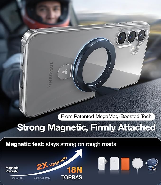 TORRAS Magnetic Stand for Samsung Galaxy S25 Case, [Compatible with MagSafe] [Military Grade Drop Tested] Shockproof Ring Translucent Slim Protective Phone Case for S25 Case Ostand, Clear