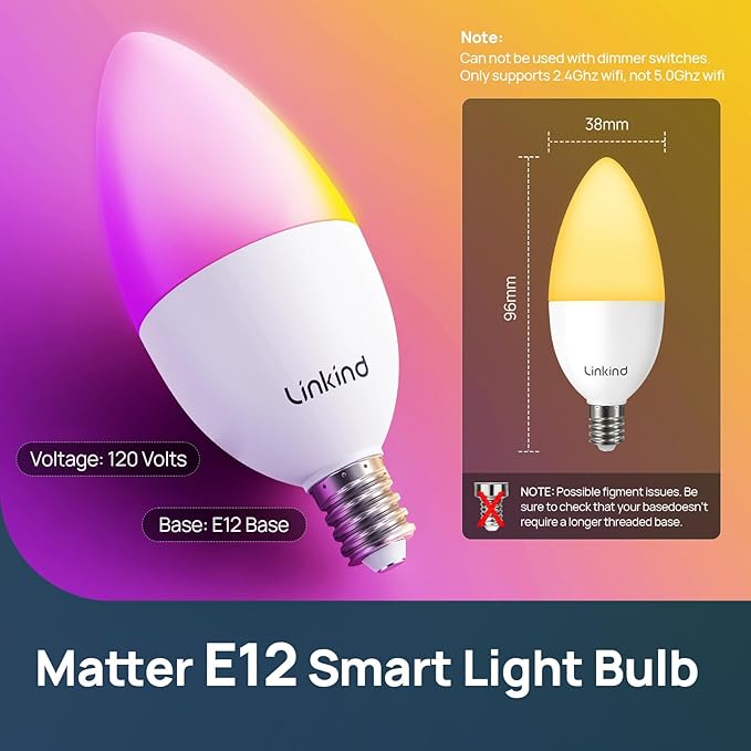 Linkind Matter Smart Bulbs, E12 Led Bulb Works with Alexa/Apple Home/Google Home, 2.4Ghz WiFi RGBTW Smart Light Bulbs, 6 Pack