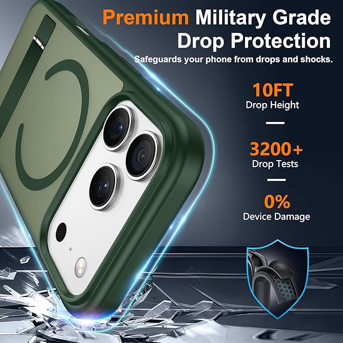 SPIDERCASE Magnetic for iPhone 17 Pro Max Case,with [3 Stand Ways] [Military Grade Drop Protection] with Invisible Stand Shockproof Slim Case for iPhone 17 Pro Max 6.9",Dark Green