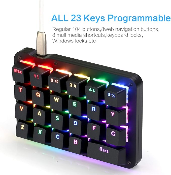 Koolertron One Handed Macro Mechanical Keyboard, RGB LED Backlit Portable Mini One-Handed Mechanical Gaming Keypad 23 Fully Programmable Keys Blue Switches
