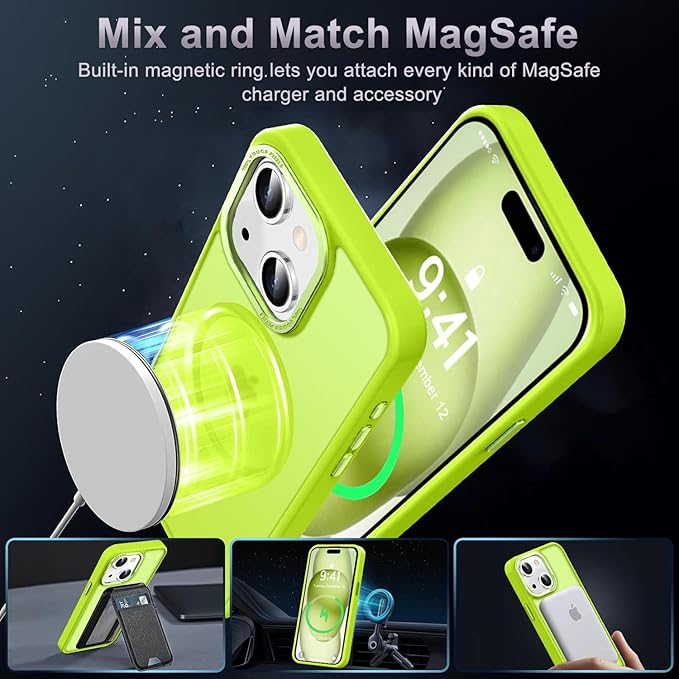 Newfuture Magnetic for iPhone 15 Case [Compatible with Magsafe] [Military Grade Drop Protection] Translucent Matte Anti-Fingerprint Shockproof Phone Case for iPhone 15 6.1 inch, Fluorescent Green