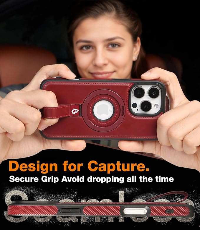 Butaiga for iPhone 15 Pro Max Leather Case with Stand, Anti-Slip Grip Ring, Fits for MagSafe (Burgundy, iPhone 15 Pro Max)
