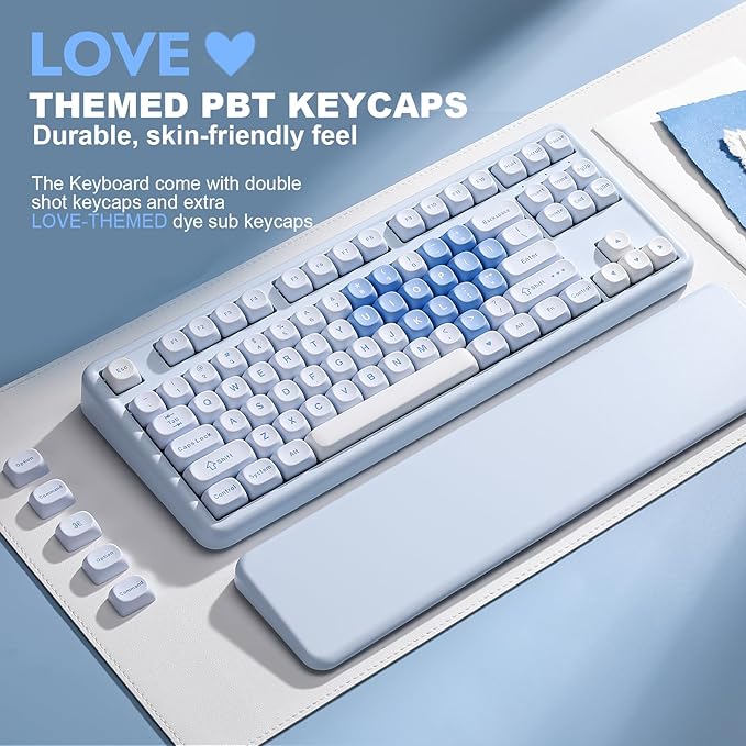 YUNZII B87 Wireless Mechanical Keyboard,QMK/VIA Programmable,TKL Layout 87 Keys,BT/2.4G/USB-C,Hot Swap Gasket Mount RGB Backlit Gaming with Wrist Rest for Win/Mac (Blue Heart, Cocoa Cream V2)