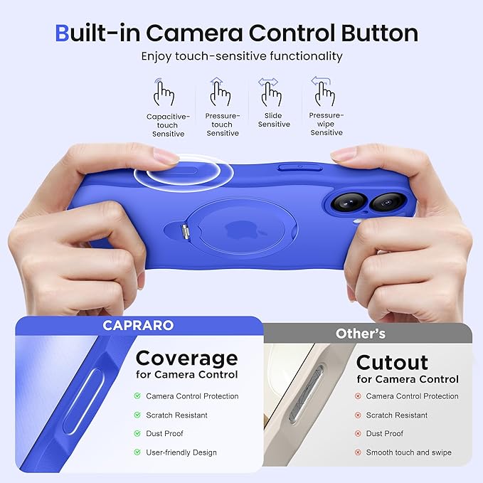 CAPRARO for iPhone 16 Case with 360° Spin Magnetic Stand for Women, [Compatible with MagSafe] [Full Camera Protection] Cute Wave Translucent Matte Case for iPhone 16, Ultramarine