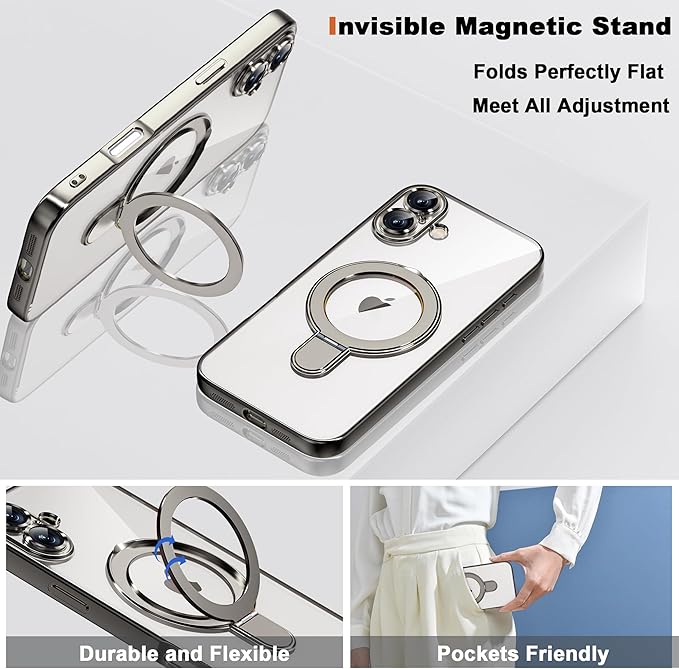 Compatible with iPhone 16 Case with Invisible Magnetic Ring Stand [Compatible with Mag-Safe] [Full Camera Lens Protector] Plating Clear Phone Case for iPhone 16 6.1", Grey