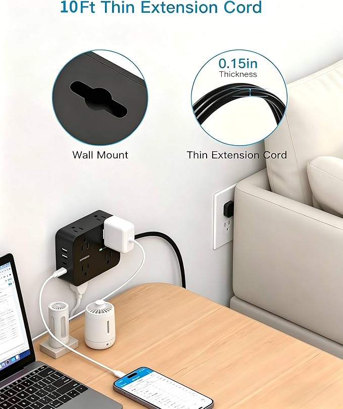 10 Ft Power Strip Flat Plug, Extension Cord Surge Protector with 8 Outlets and 4 USB Ports (2 USB C), Ultra Thin Flat Wall Plug, 1080J Surge Protection, Mountable Charging Station for Dorm, Office