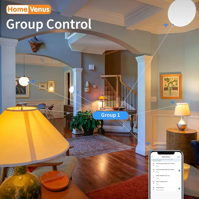 Homevenus HVS Smart Light Bulbs,9W A19 E26 Dimmable Tunable Cool Warm White LED Light Bulb 2500k-6500k, APP Control 2.4GHz WiFi Bluetooth Assist Connection, Work with Alexa/Google Assistant 4 Pack