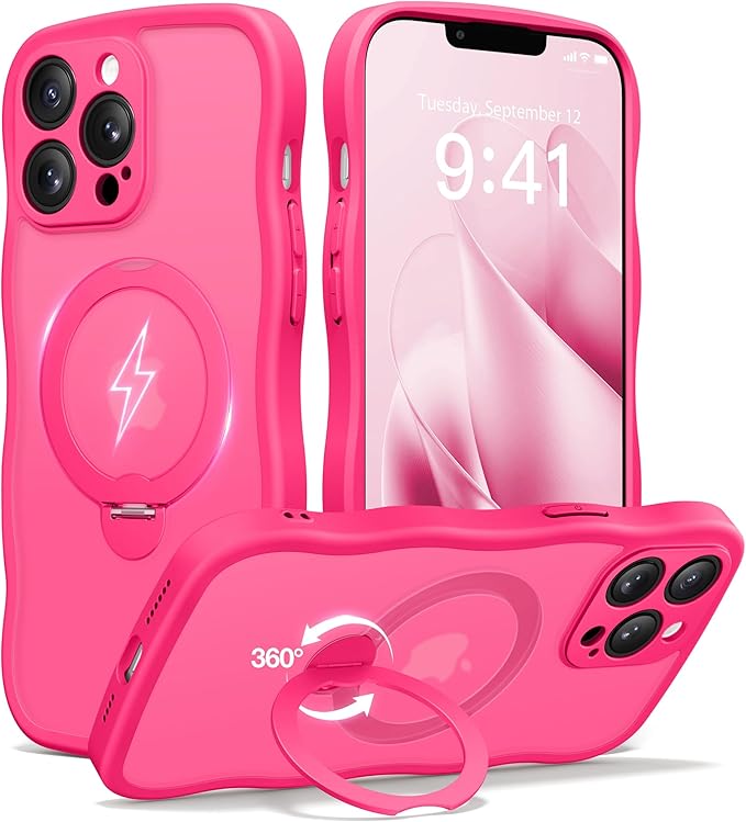 CAPRARO for iPhone 13 Pro Max Case with 360° Spin Magnetic Stand for Women, [Compatible with MagSafe] [Full Camera Protection] Cute Wave Translucent Matte Case for iPhone 13 Pro Max, Hot Pink