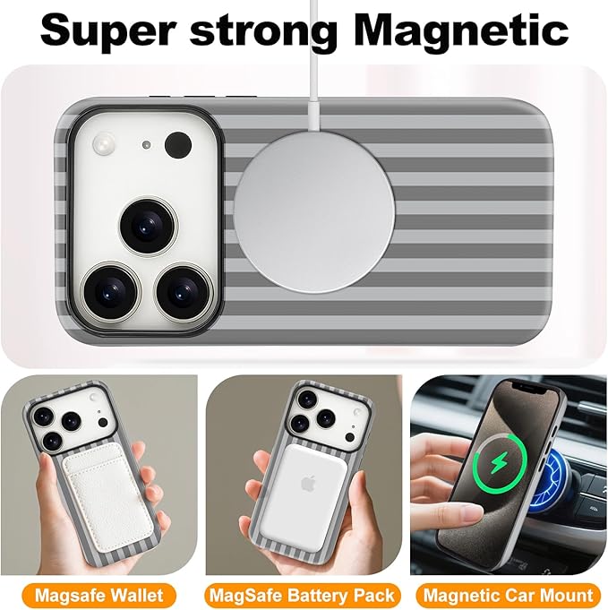 Magnetic for iPhone 17 Pro Case Cute Stripes Phone Case, Shockproof Slim TPU and Hard PC Protective Phone Cover Compatible with MagSafe Designed for Women Girls, Gray