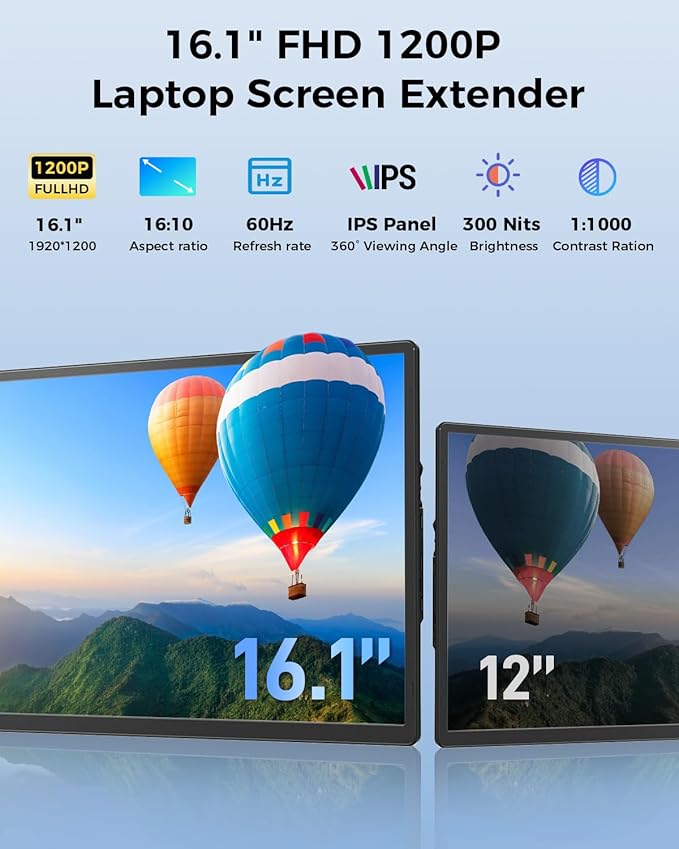 Cevaton Laptop Screen Extender, 16.1" FHD 1200P Portable Monitor for Laptop with Magnetic Detachable Stand, 360° Rotatable Borderless Screen, Plug & Play, Compatible with Windows Mac