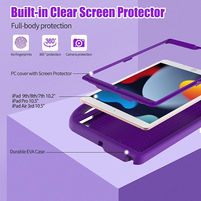 Kids Case for iPad 10.2 & 10.5, iPad 9th/8th/7th Generation 10.2" 2021 2020 2019 Case with Screen Protector, iPad Air 3rd Gen/Pro 10.5 inch Protective Cover with Handle Stand, Purple