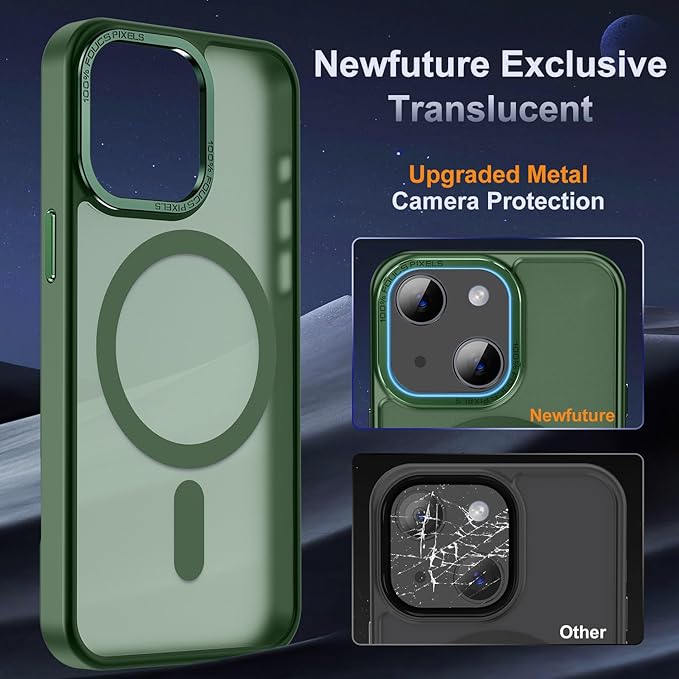 Newfuture Designed for iPhone 13 Case & iPhone 14 Case with Magnetic [13 FT Military Drop Protection] [Compatible with Magsafe] Slim Translucent Shockproof with Anti-Fingerprint Phone Case, Dark Green