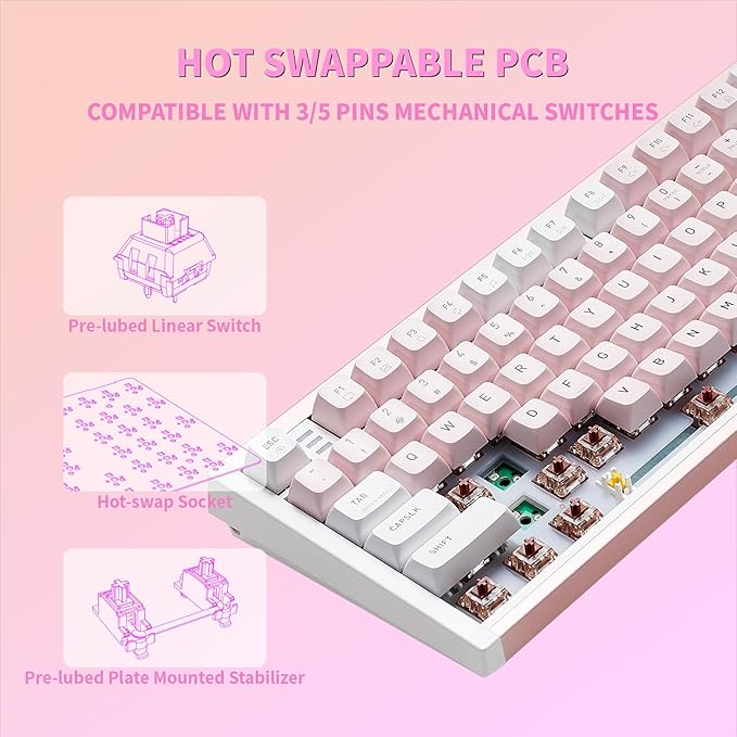 Hexgears I4 Mechanical Keyboard with Number Pad, Aluminum Gaming Keyboard Kailh Tactile Switch, RGB Backlight, PBT Keycaps, Hot Swappable for Windows/Mac OS (Pink-White)