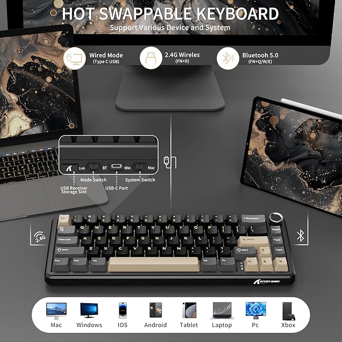 ATTACK SHARK X66 Wireless Mechanical Gaming Keyboard with Knob,Tri Mode USB-C/BT5.0/2.4G Gasket Mounted 60% RGB Gaming Keyboard 66Keys,PBT Keycap, Hot Swappable Custom Strawberry Switch(Star Black)