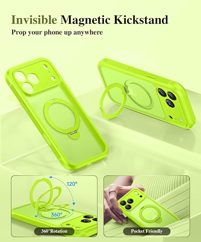 BERFY for iPhone 17 Pro Case, Compatible with MagSafe, Built in Privacy Screen Protector, Shockproof Full Body Phone Case for 17 Pro with Magnetic Stand, Translucent Bright Green