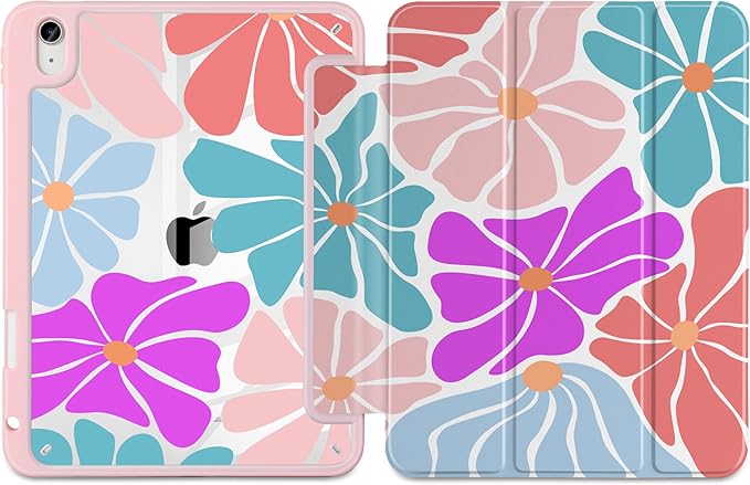 Case for iPad Air 11 inch M4 2026 M3 2025 M2 2024,iPad Air 5th (2022) / 4th (2020) 10.9 Inch Clear Back Shell Lightweight TPU Edge Trifold Stand Auto Wake Sleep Cute Cover, Stylized Flowers